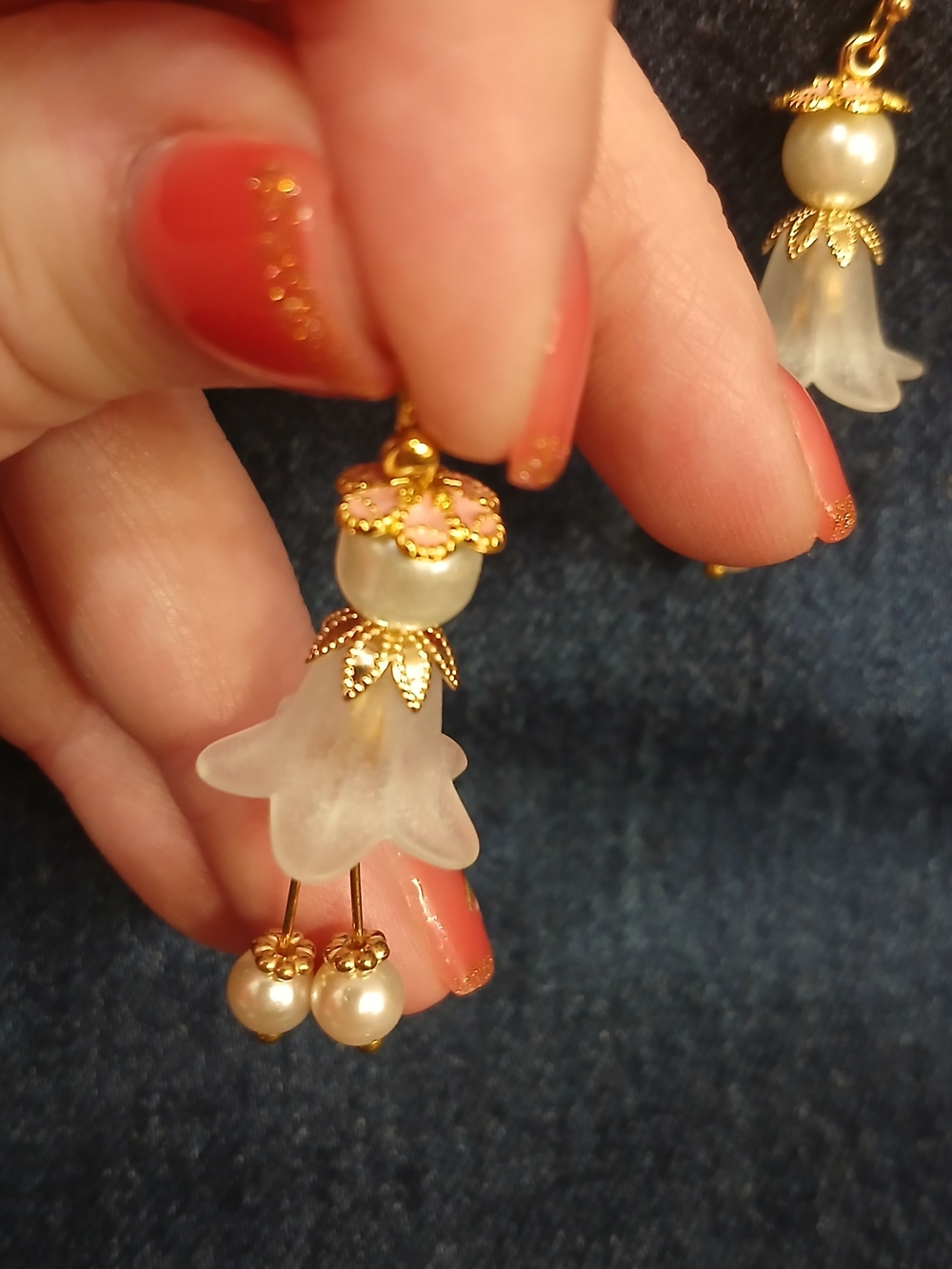 Gold Floral Drop Earrings with Cream & Pink Pearls - Picture 6 of 6